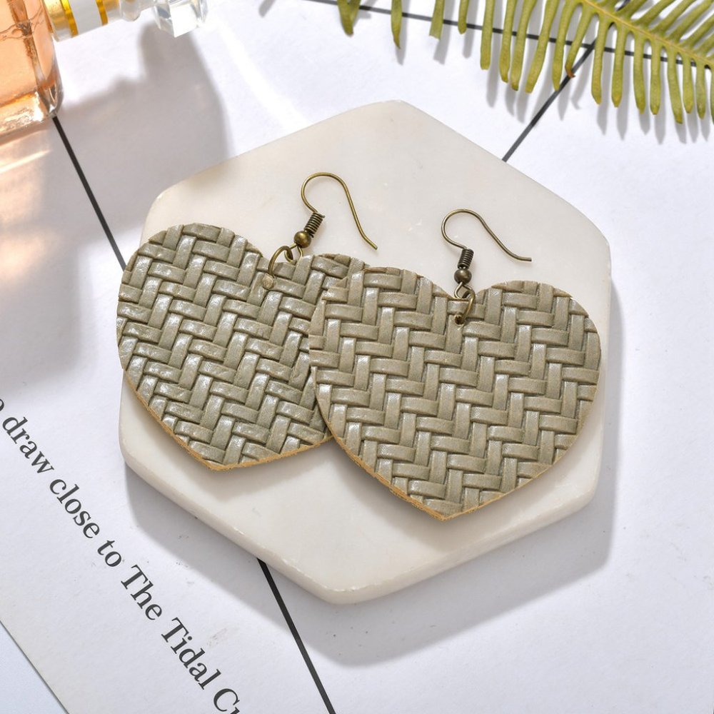 Women Peach Heart-shaped Light Olive PU leather Hook & Dangle Earrings